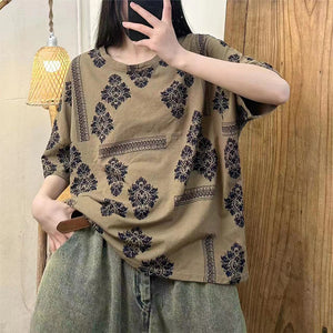 Áo T-shirt linen ngắn tay cổ tròn hoa văn trừu tượng - NU9985