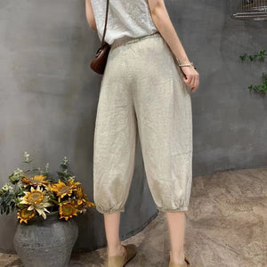 Quần baggy linen lửng lưng thun hai túi chéo chỉ nổi - NU8932