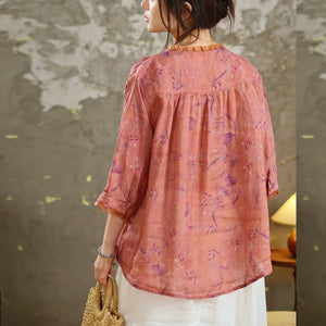 Áo sơ mi linen tay lửng in hoa lá cổ tròn phối ren - NU9736