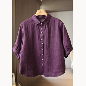Áo sơ mi linen ngắn tay cổ đức một màu - A005