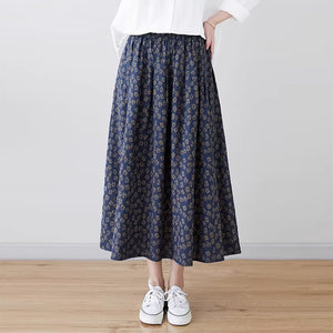 Chân váy linen retro lưng thun túi chéo in hoa cúc liti - NU9156