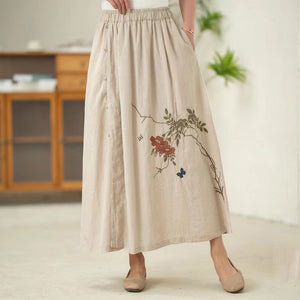 Chân váy linen retro lưng thun thêu hoa lá khuy cài - NU10081
