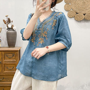 Áo sơ mi linen ngắn tay cổ V ren thêu đối xứng - NU9064