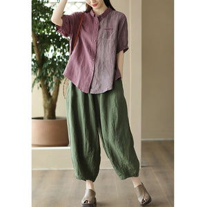 Áo sơ mi linen ngắn tay cổ pipi kẻ sọc mảng màu một túi nhỏ - NU8856