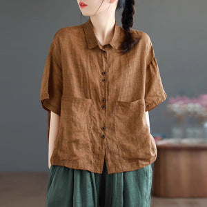 Áo sơ mi linen ngắn tay cổ đức túi vuông - NU9812