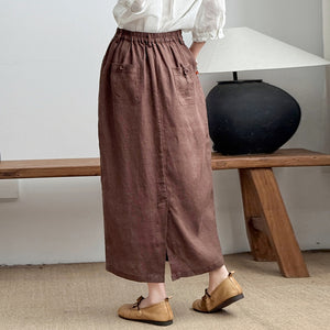 Chân váy linen lưng thun hai túi sau khuy cài - V073