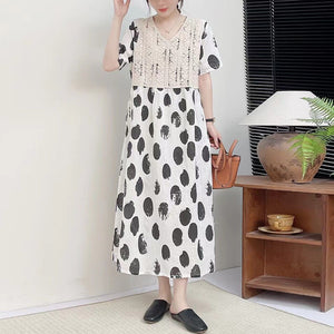 Đầm liền linen ngắn tay cổ V chấm bi đan móc - NU10145