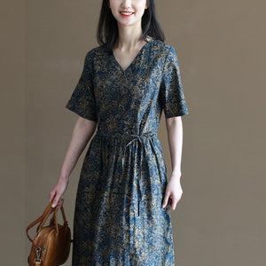 Đầm liền linen ngắn tay cổ V in hoa lá retro chiết eo - NU10033