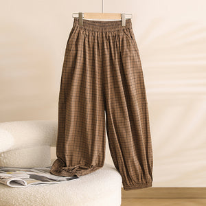 Quần baggy linen lưng thun ống bo chun kẻ caro - NU10265