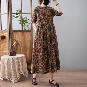 Đầm liền dài tay cổ tròn xếp ly khuy lệch eo dây rút - NU9323