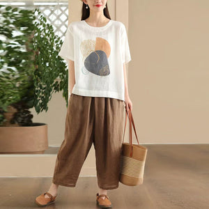 Áo T-shirt linen ngắn tay cổ tròn in hình học form rộng - NU10504