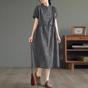 Đầm liền linen ngắn tay cổ V kẻ sọc eo kiểu thắt dây - D045