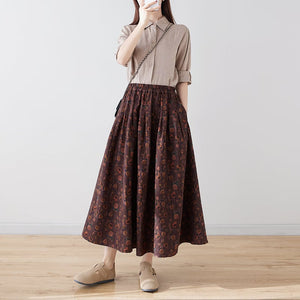 Chân váy linen retro lưng thun chữ A in hoa liti - NU9982