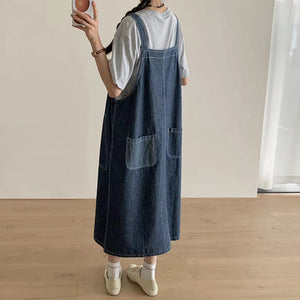 Đầm yếm denim túi lớn lệch màu có khuy cài - NU10358