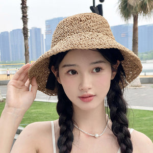 Mũ cói móc tay retro vành rộng kiểu đan dây - M020