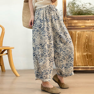 Quần baggy linen lưng thun ống rộng in hoa văn trừu tượng - Q247