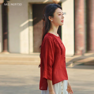 Áo sơ mi linen tay lửng cổ tròn kiểu đính ren - NU9749