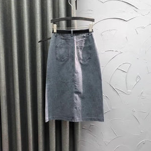 Chân váy denim retro túi kiểu kèm thắt lưng xẻ tà - V028