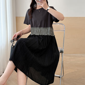 Đầm liền linen ngắn tay cổ tròn kiểu hai tầng - D043