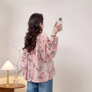 Áo sơ mi linen dài tay cổ cánh sen in hoa lá - A685