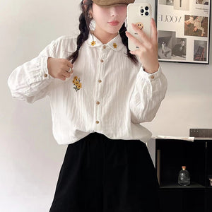 Áo sơ mi linen dài tay cổ pipi thêu hoa hướng dương - NU9725
