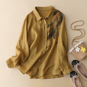 Áo sơ mi linen dài tay cổ đức in lông vũ - NU8771
