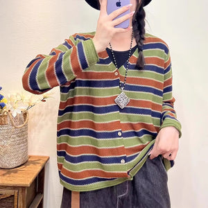 Áo khoác len cardigan dài tay cổ V kẻ sọc ngang - NU9274