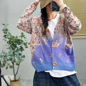 Áo khoác len cashmere dài tay cổ V in giàn hoa - A460