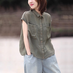 Áo sơ mi linen sát nách cổ đức hai túi vuông lớn đơn sắc - NU9051