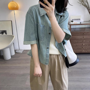 Áo sơ mi denim ngắn tay cổ thủy thủ hai túi vuông - NU8823