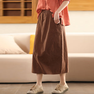 Chân váy linen lưng thun hai túi xẻ vạt sau - V077