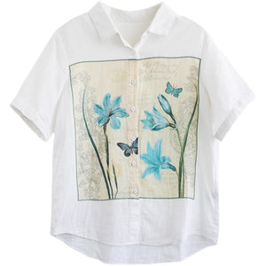 Áo sơ mi linen ngắn tay cổ đức in hoa loa kèn - NU8806