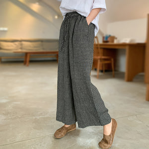 Quần baggy linen lưng thun kẻ caro ống rộng - NU9869