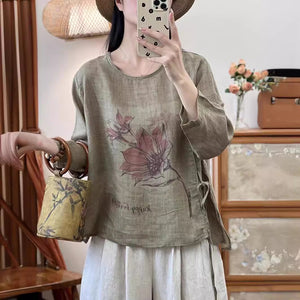 Áo sơ mi linen tay lửng cổ tròn in hoa lá thắt dây - NU10085
