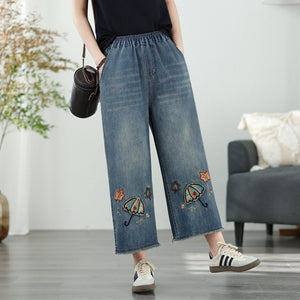 Quần baggy denim lửng lưng thun thêu chiếc ô - Q155