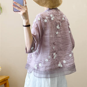 Áo sơ mi linen ngắn tay cổ đứng xẻ V thêu hoa lá - NU8987