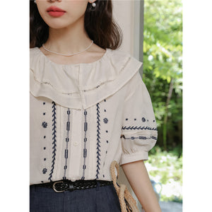 Áo sơ mi linen ngắn tay cổ lá sen thêu hoa văn retro - OD1627