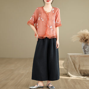 Áo sơ mi linen ngắn tay cổ V thêu hoa lá bo ren - A968