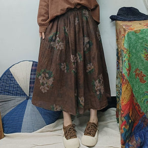 Chân váy linen retro lưng thun in hoa trà - NU9990
