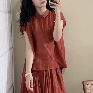 Áo sơ mi linen sát nách cổ pipi thêu hóa lá đồng màu - NU10264