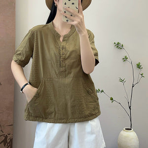 Áo sơ mi linen ngắn tay cổ tròn thêu retro vạt dây rút - NU10346