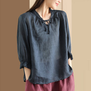 Áo sơ mi linen tay lửng cổ V cột dây - A715