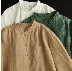 Áo sơ mi linen dài tay cổ tròn xếp ly thêu hoa văn đồng màu - NU9138
