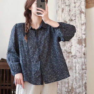 Áo sơ mi linen dài tay cổ đức in hoa lá liti kiểu xếp ly - NU9858