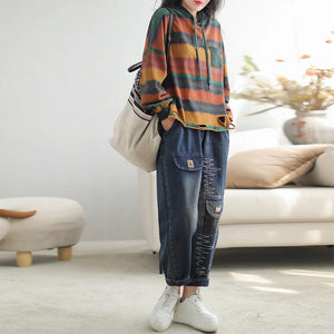 Áo hoodies dài tay kẻ sọc màu vạt kiểu rách - NU9304