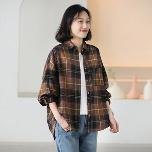 Áo sơ mi dài tay cổ đức kẻ sọc caro form dài - NU9727