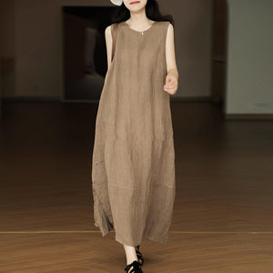 Đầm liền linen sát nách cổ tròn một khuy tròn kiểu xẻ tà - NU8963