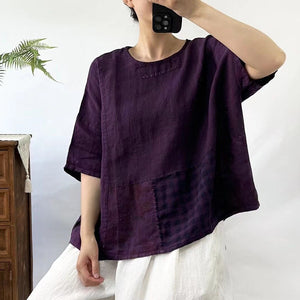 Áo T-shirt linen ngắn tay cổ tròn phối caro - NU9865