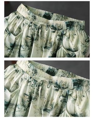 Quần baggy linen lưng thun ống túm in hoa văn retro - NU8850