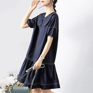 Đầm liền ngắn tay cổ thủy thủ chỉ nổi - NU10385